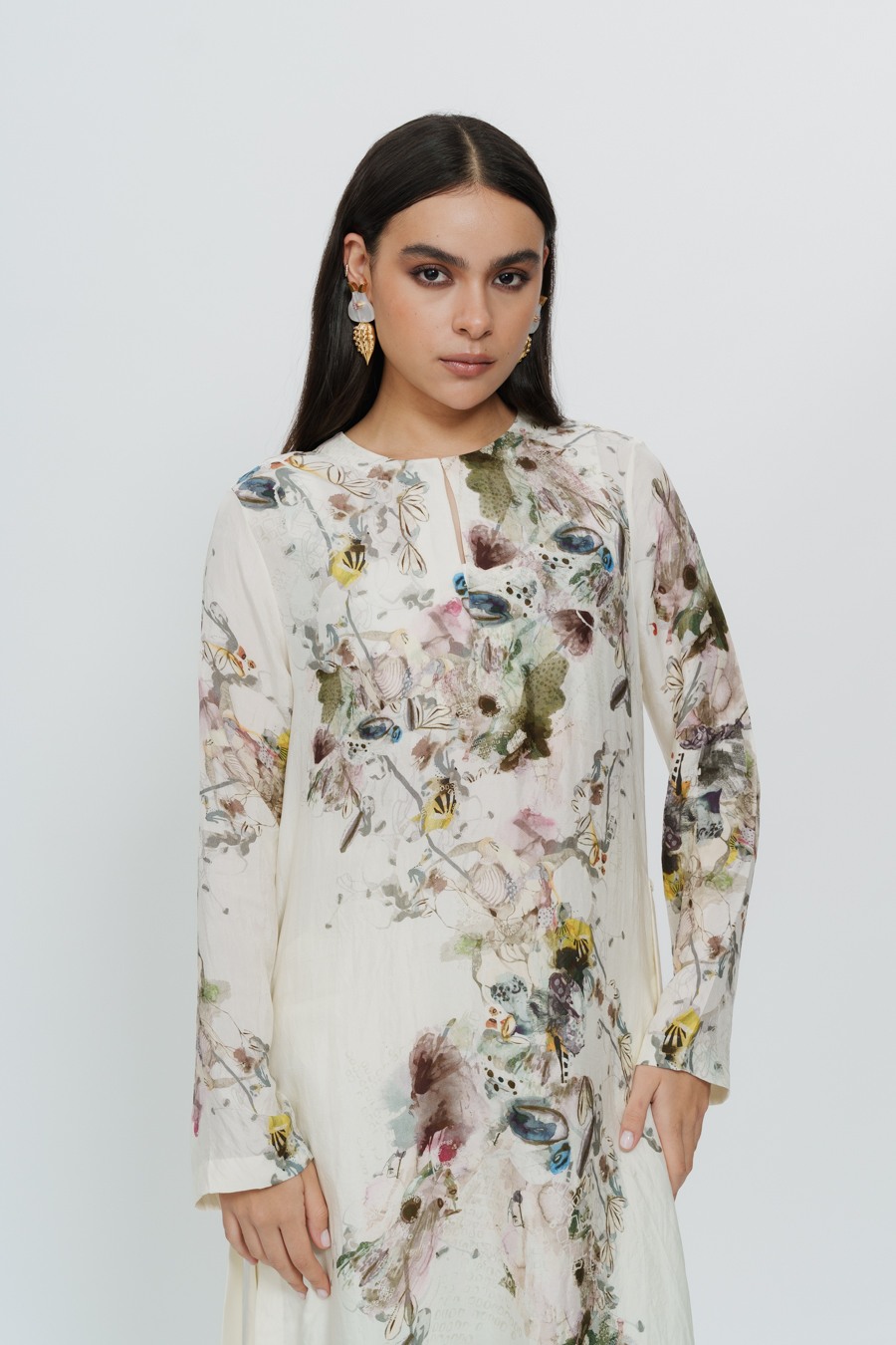 Abstract Print Kaftan Dress with Crop Top & Trouser