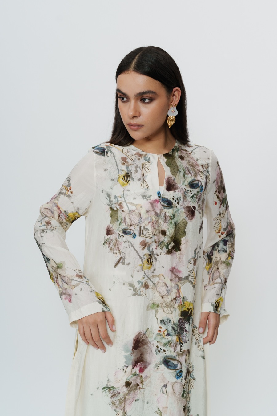 Abstract Print Kaftan Dress with Crop Top & Trouser