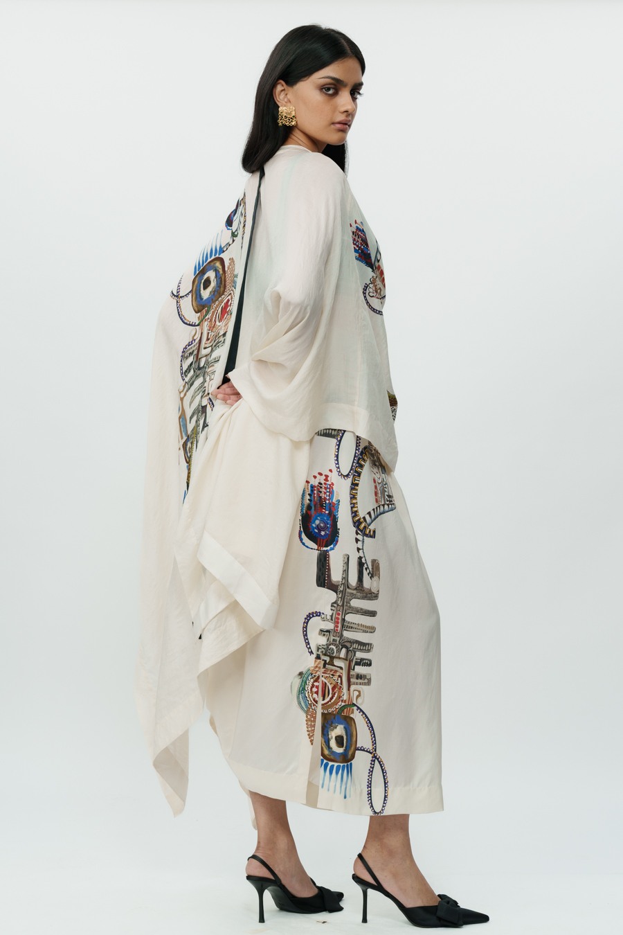 Astral Print Cape with Crop Top & Lungi Skirt