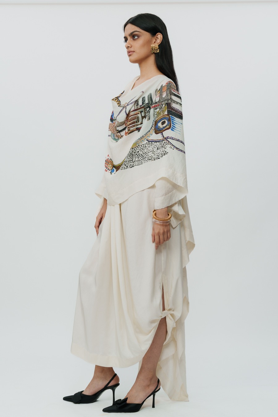 Astral Print Cape with Crop Top & Lungi Skirt
