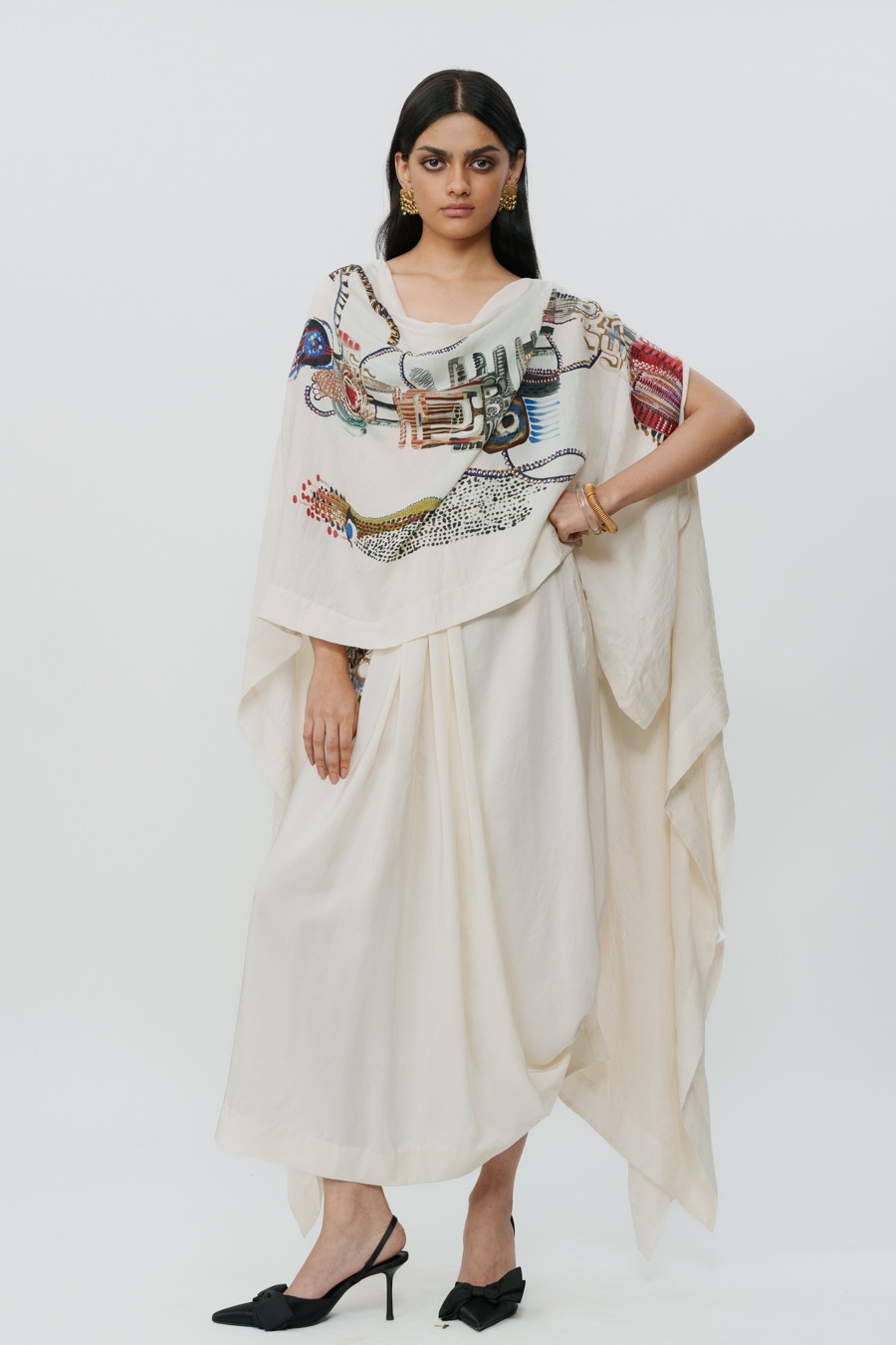 Astral Print Cape with Crop Top & Lungi Skirt