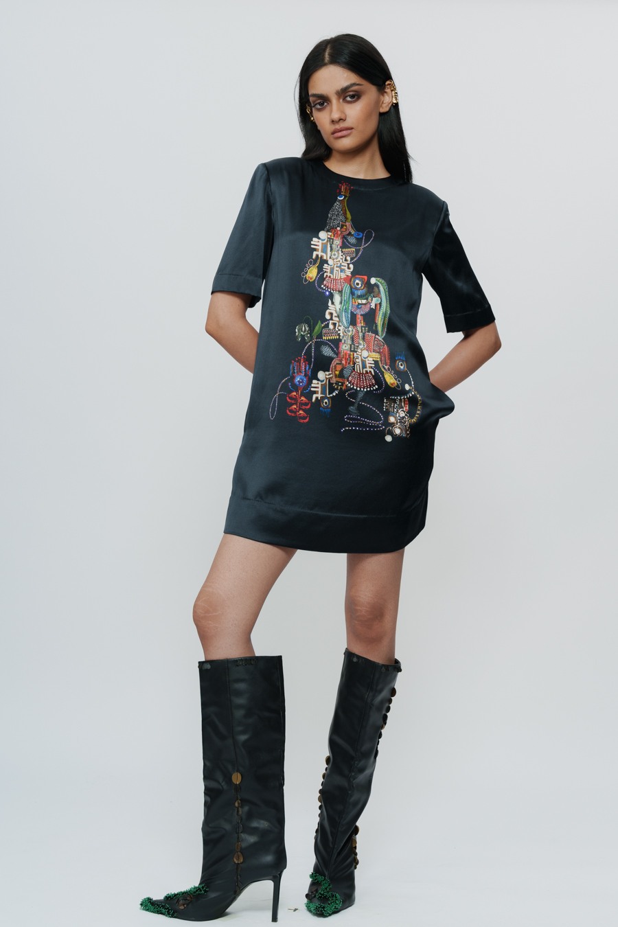 Abstract Print Satin Short Dress