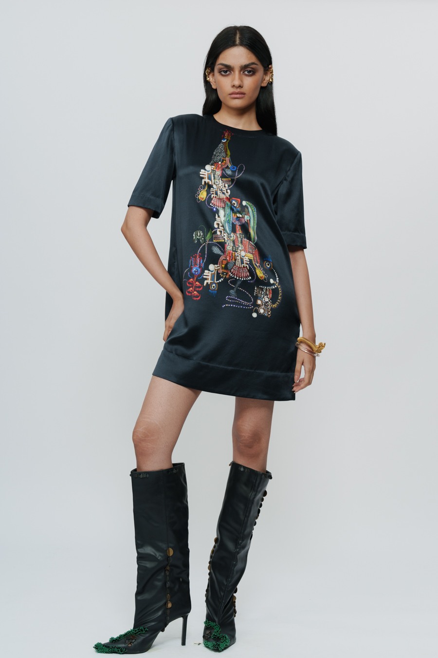 Abstract Print Satin Short Dress
