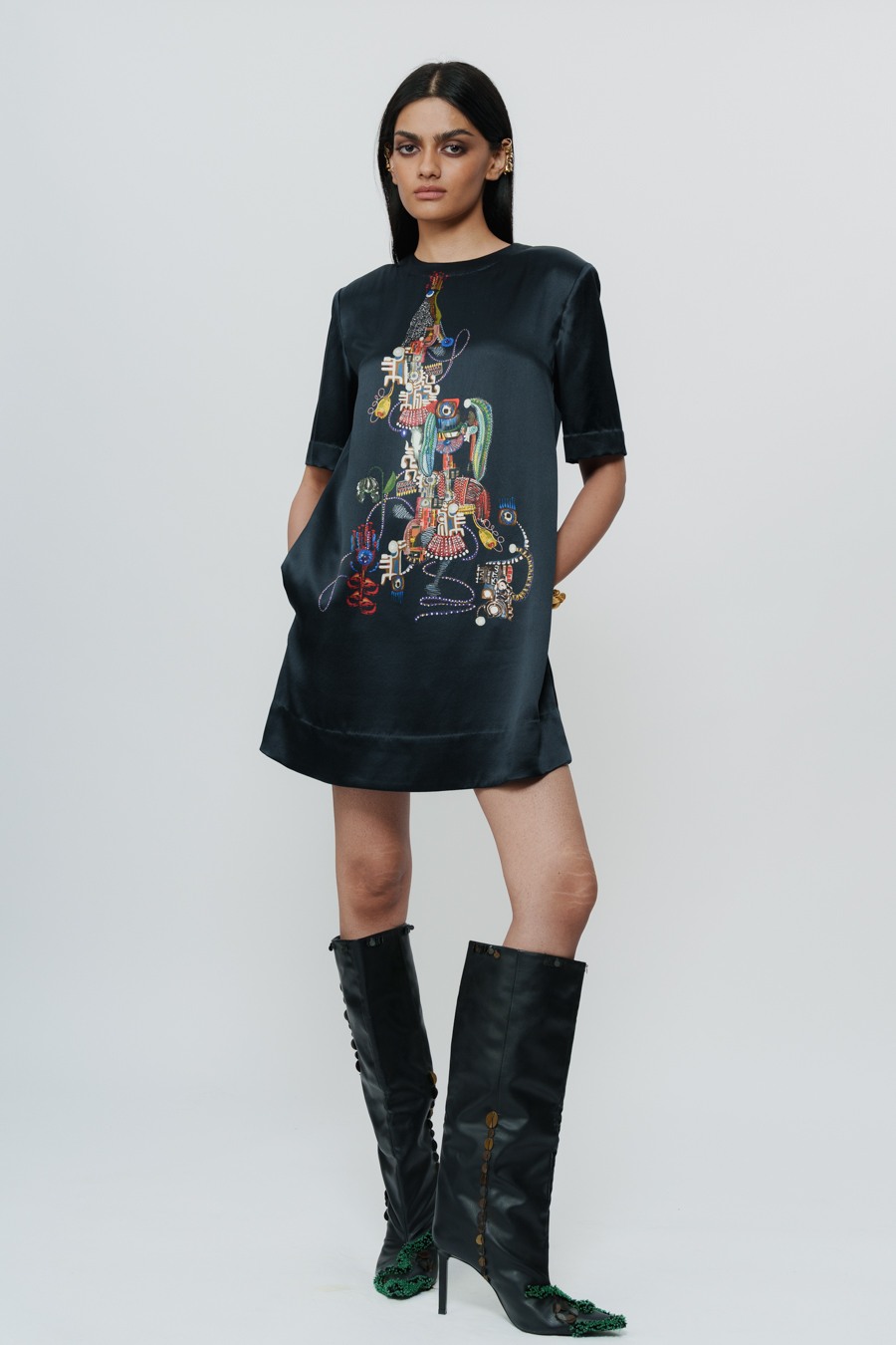 Abstract Print Satin Short Dress