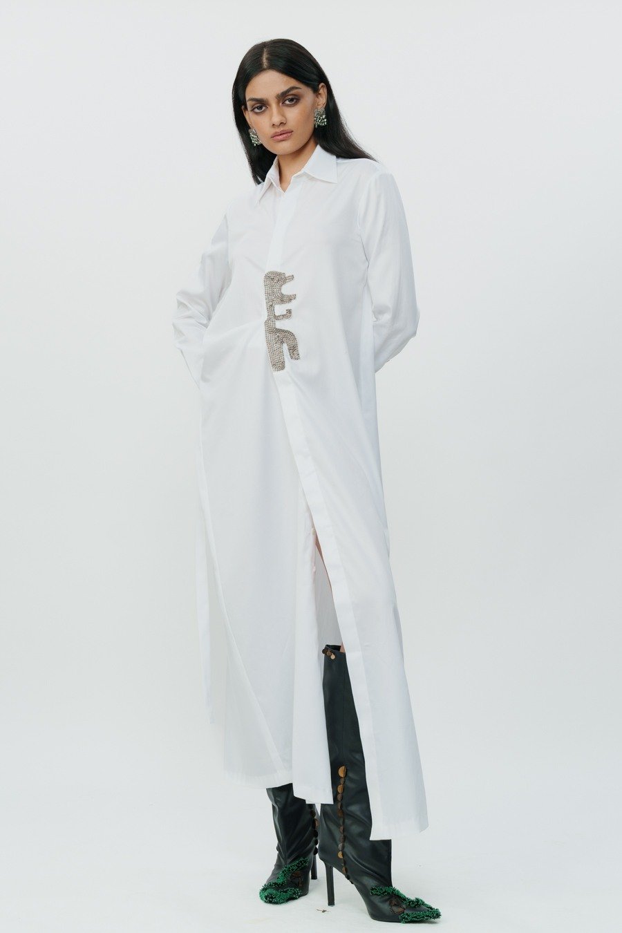 Long Shirt Dress with Hand Embroidered Highlights