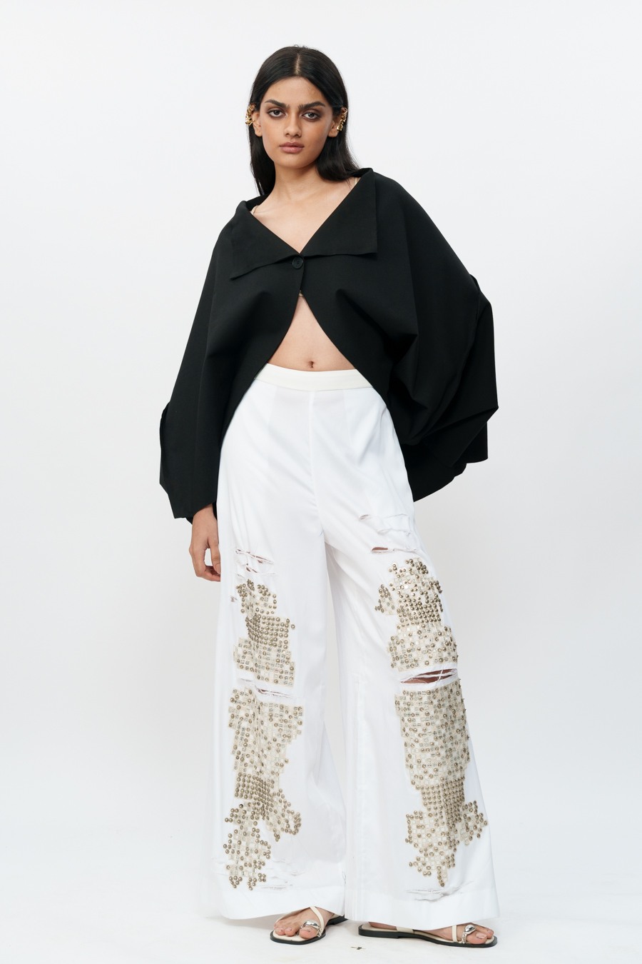 Shredded White Cotton Pants with Mirrorwork