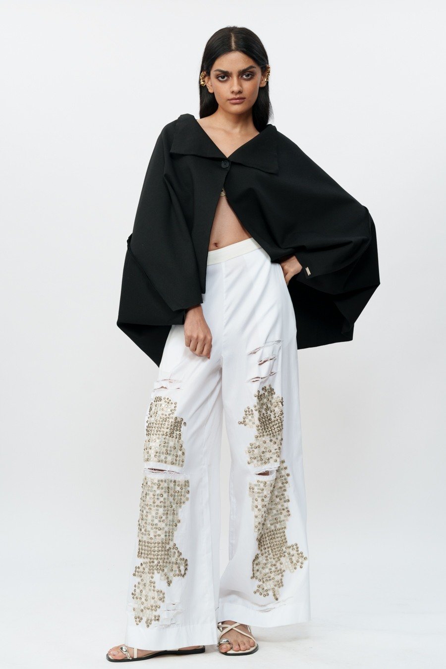 Shredded White Cotton Pants with Mirrorwork