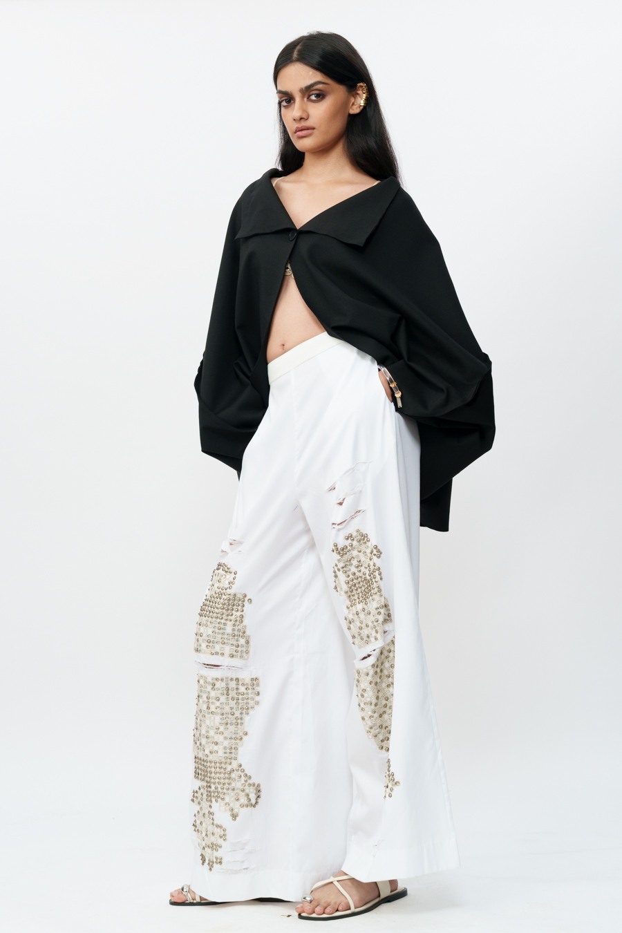 Shredded White Cotton Pants with Mirrorwork