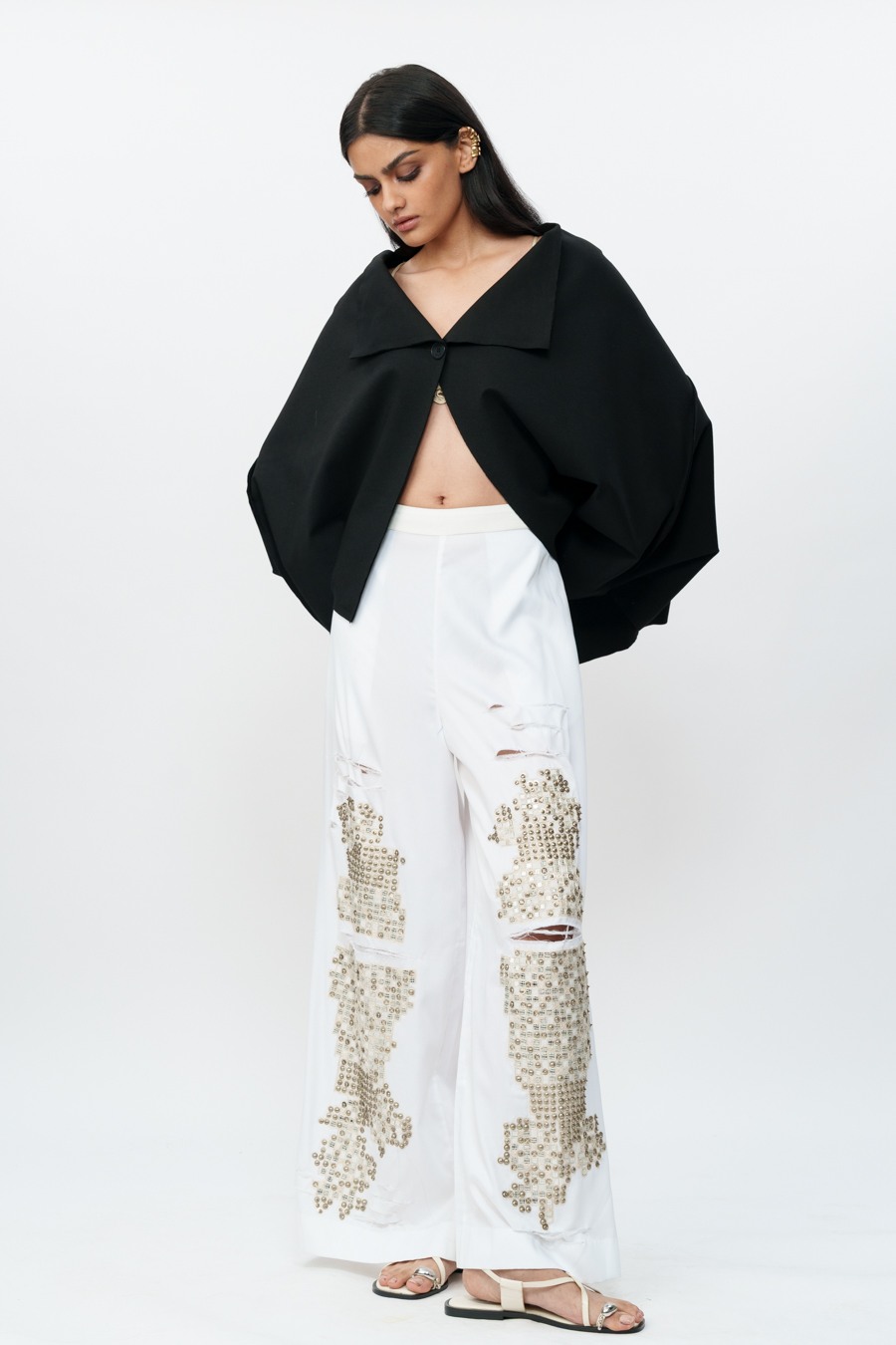 Shredded White Cotton Pants with Mirrorwork