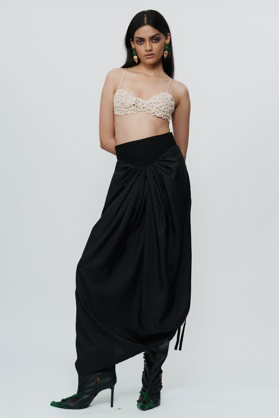 Black Draped Knotted Skirt with Cord Waist