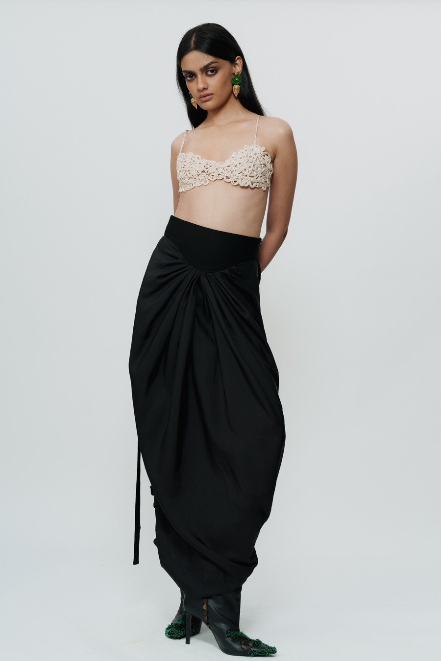 Black Draped Knotted Skirt with Cord Waist