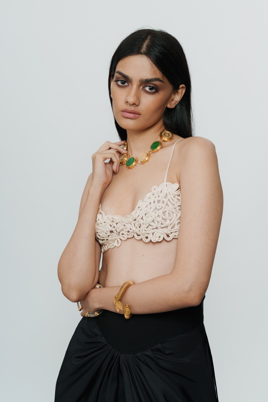 Black Draped Knotted Skirt with Cord Waist