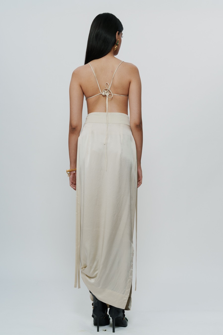 Ivory Draped Knotted Skirt with Cord Waist