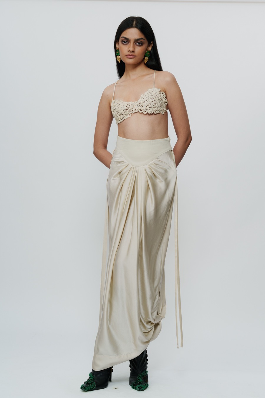 Ivory Draped Knotted Skirt with Cord Waist