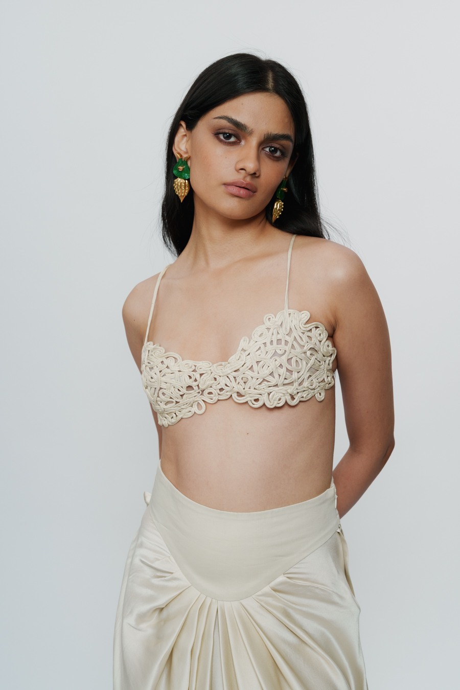 Ivory Draped Knotted Skirt with Cord Waist