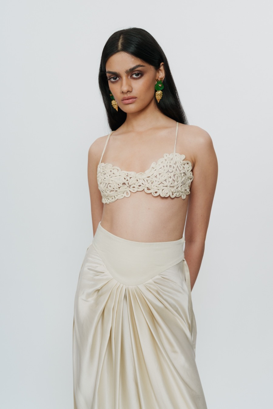 Ivory Draped Knotted Skirt with Cord Waist