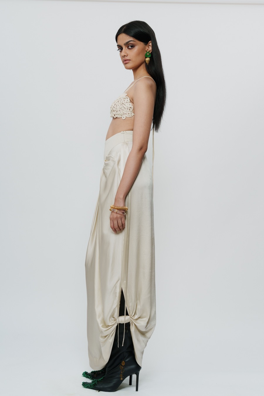 Ivory Draped Knotted Skirt with Cord Waist