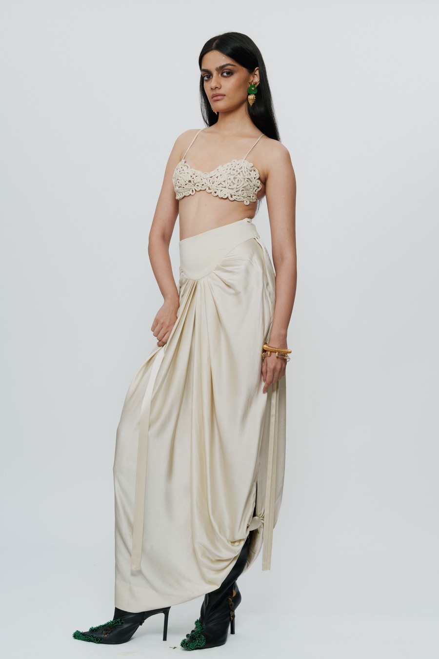 Ivory Draped Knotted Skirt with Cord Waist