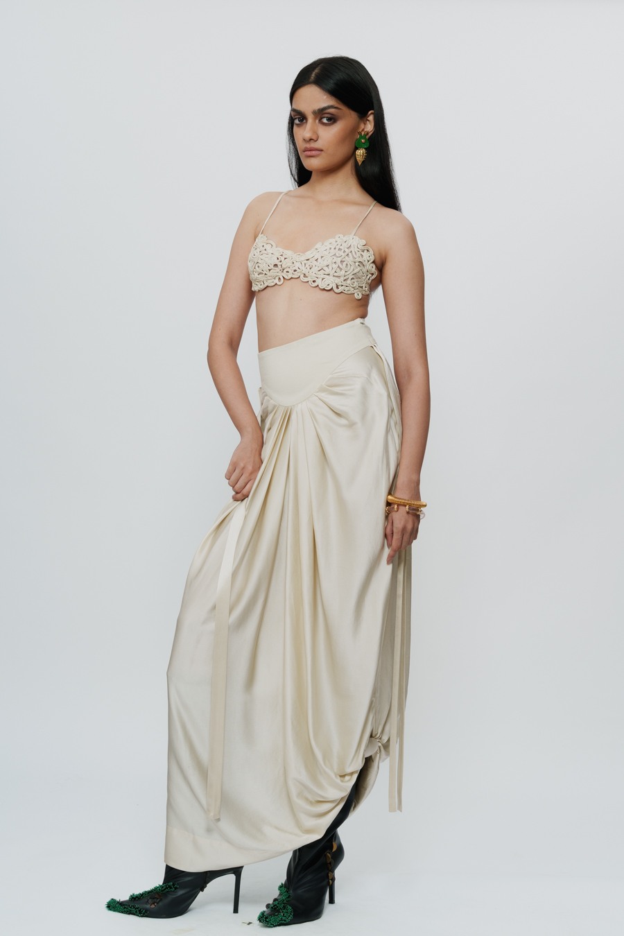 Ivory Draped Knotted Skirt with Cord Waist
