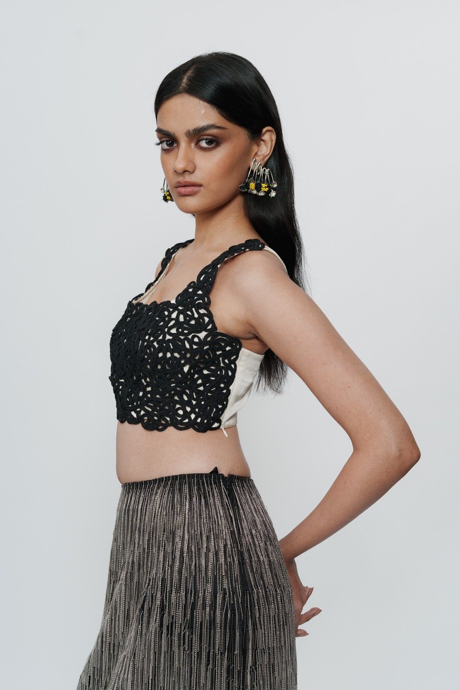 Straight Skirt with Silver Chain Embroidery