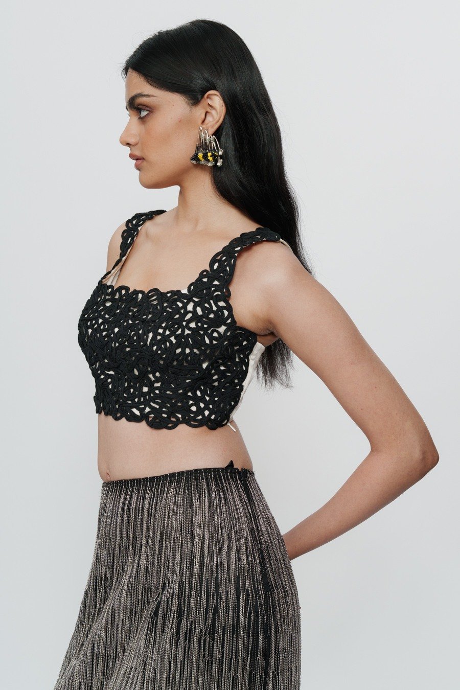Straight Skirt with Silver Chain Embroidery