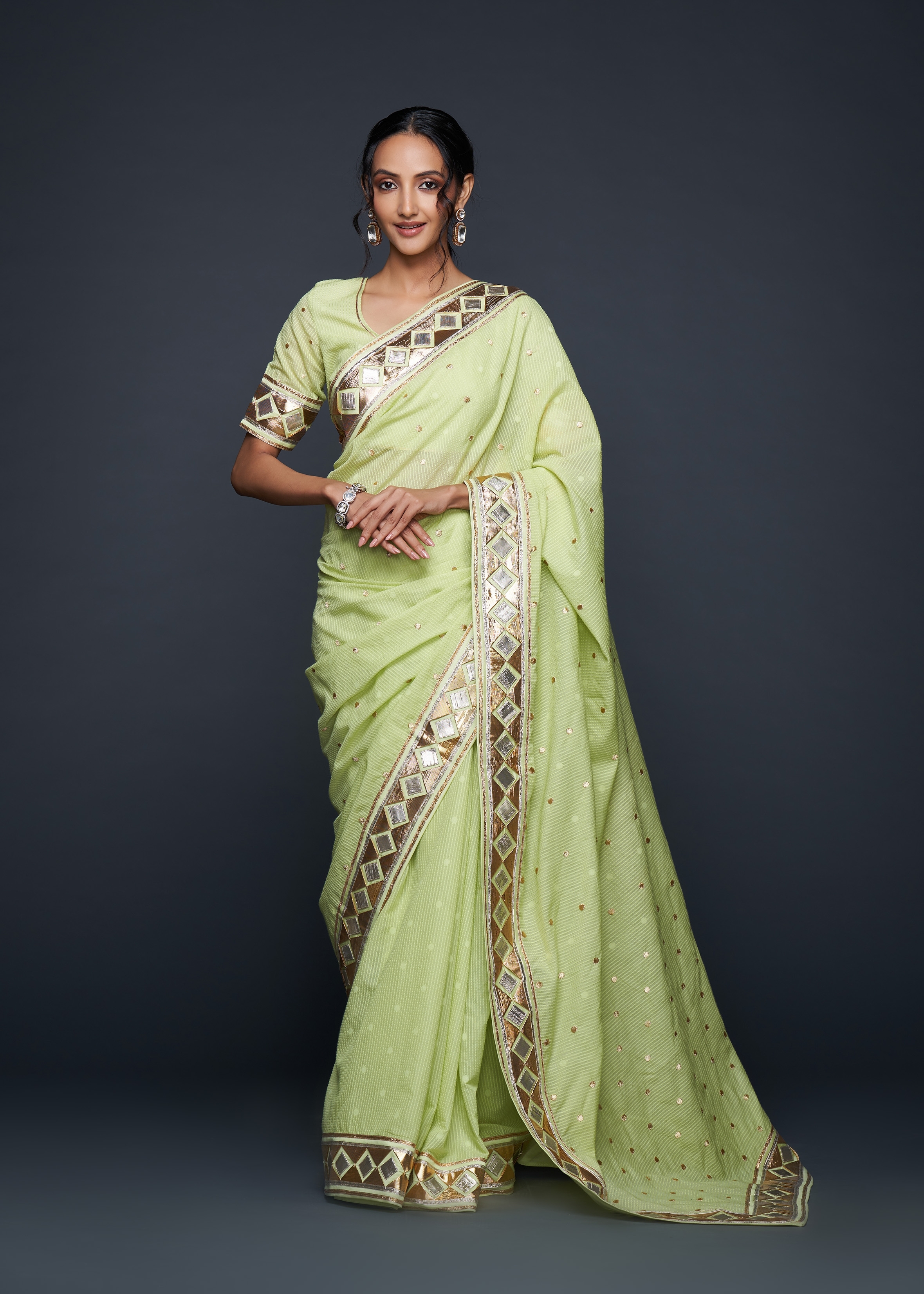 Pista Green Barfi Saree