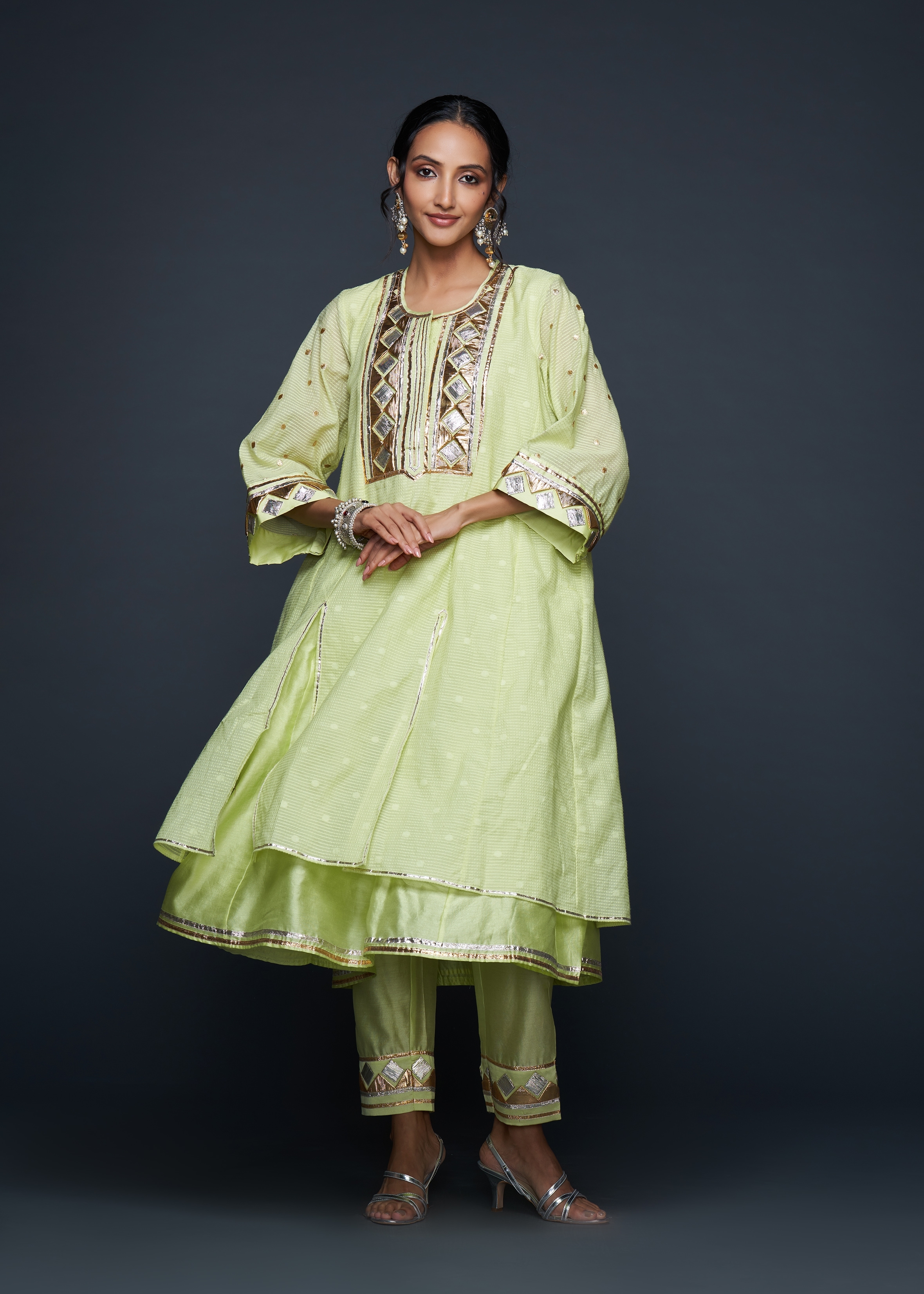 Pista Green Gota Layered Kurta