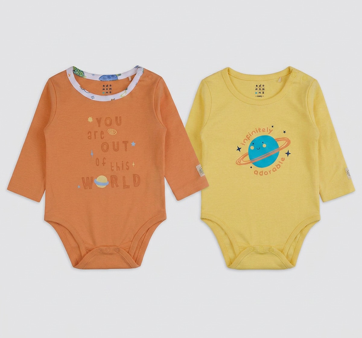 Unisex Baby Long-Sleeve Outer Space Organic Cotton Bodysuits Pack (2-Piece) – Burnt Orange & Pastel Yellow