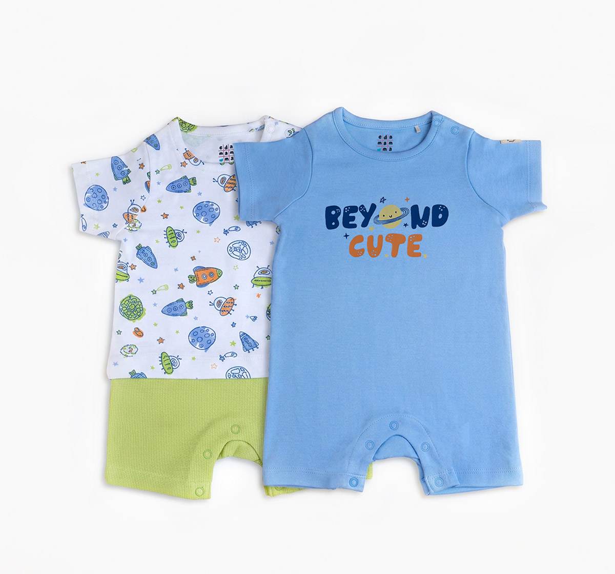 Unisex Baby Outer Space Short-Sleeve Romper Pack (2-Piece) – Sky Blue & Space Print Mix