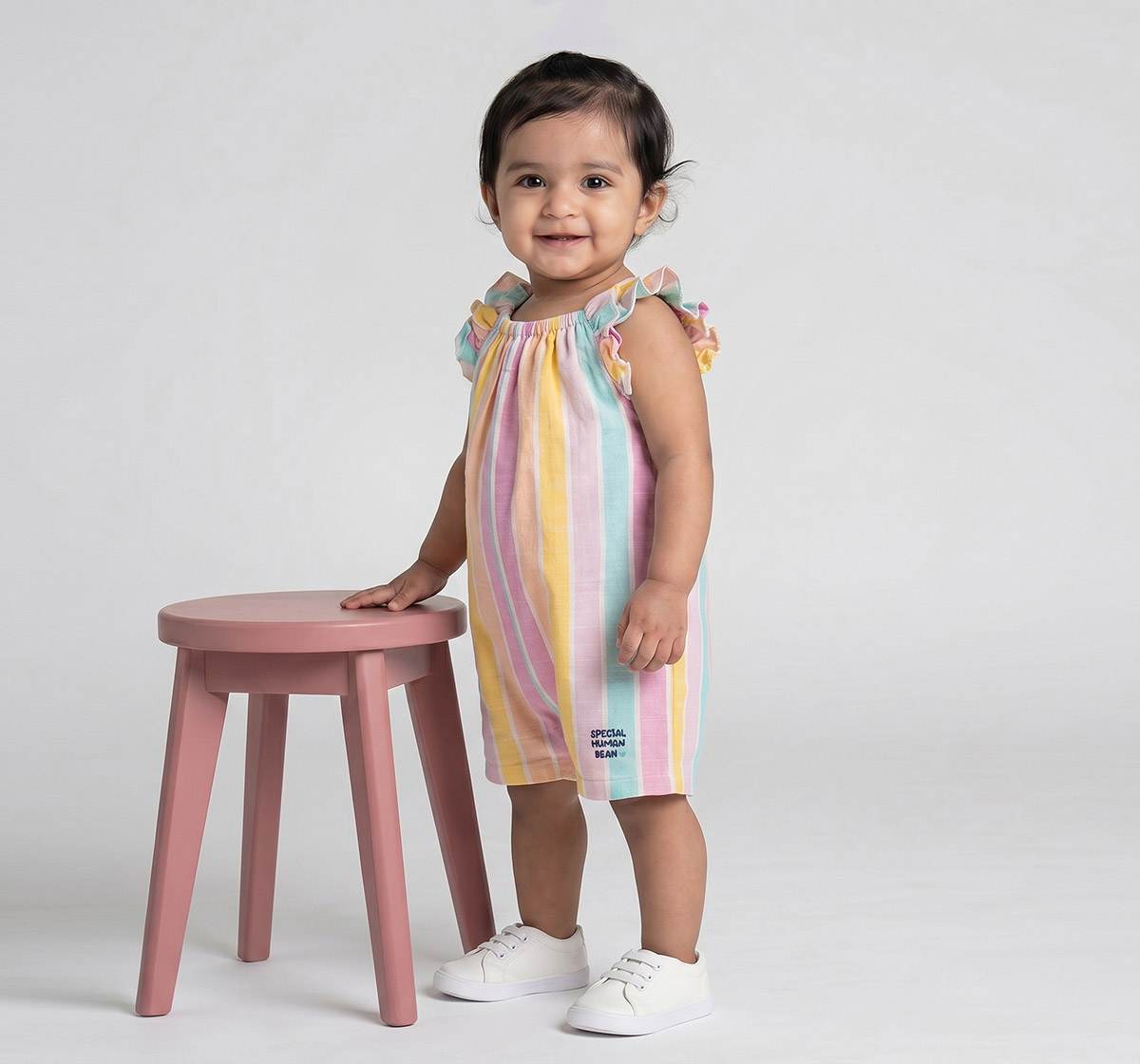 Infant Girls Pastel Striped Ruffle Sleeve Romper