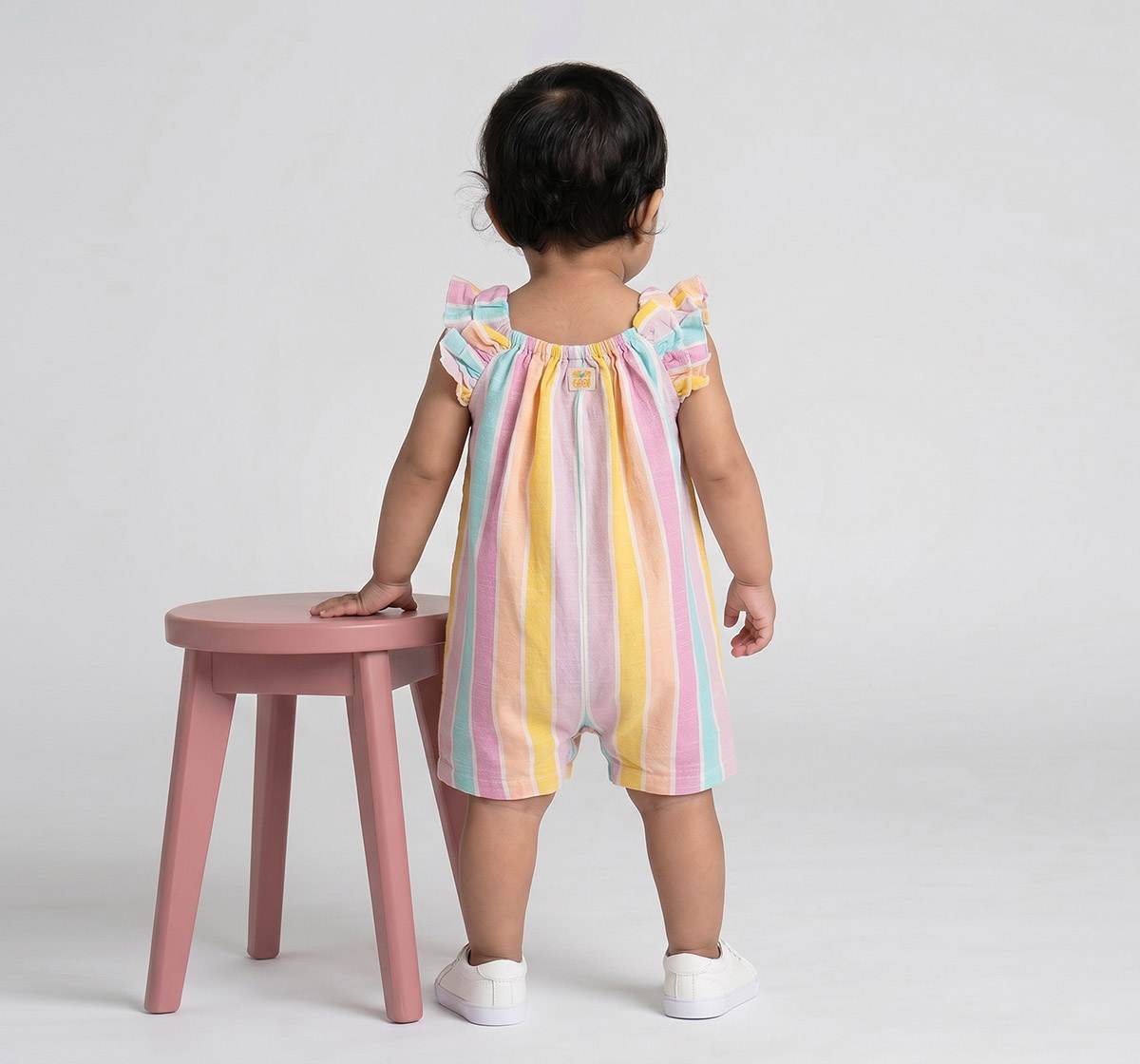 Infant Girls Pastel Striped Ruffle Sleeve Romper