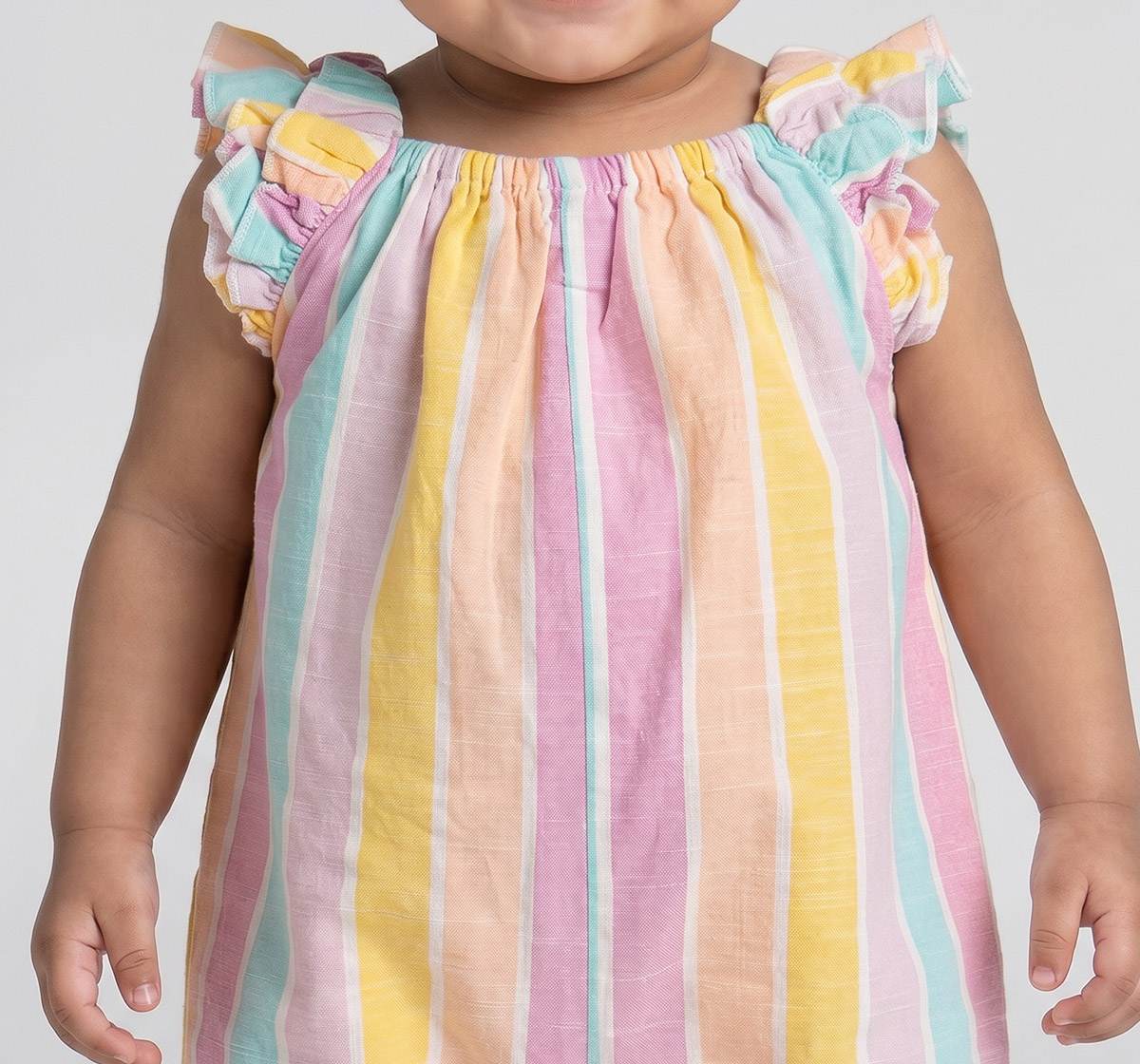 Infant Girls Pastel Striped Ruffle Sleeve Romper