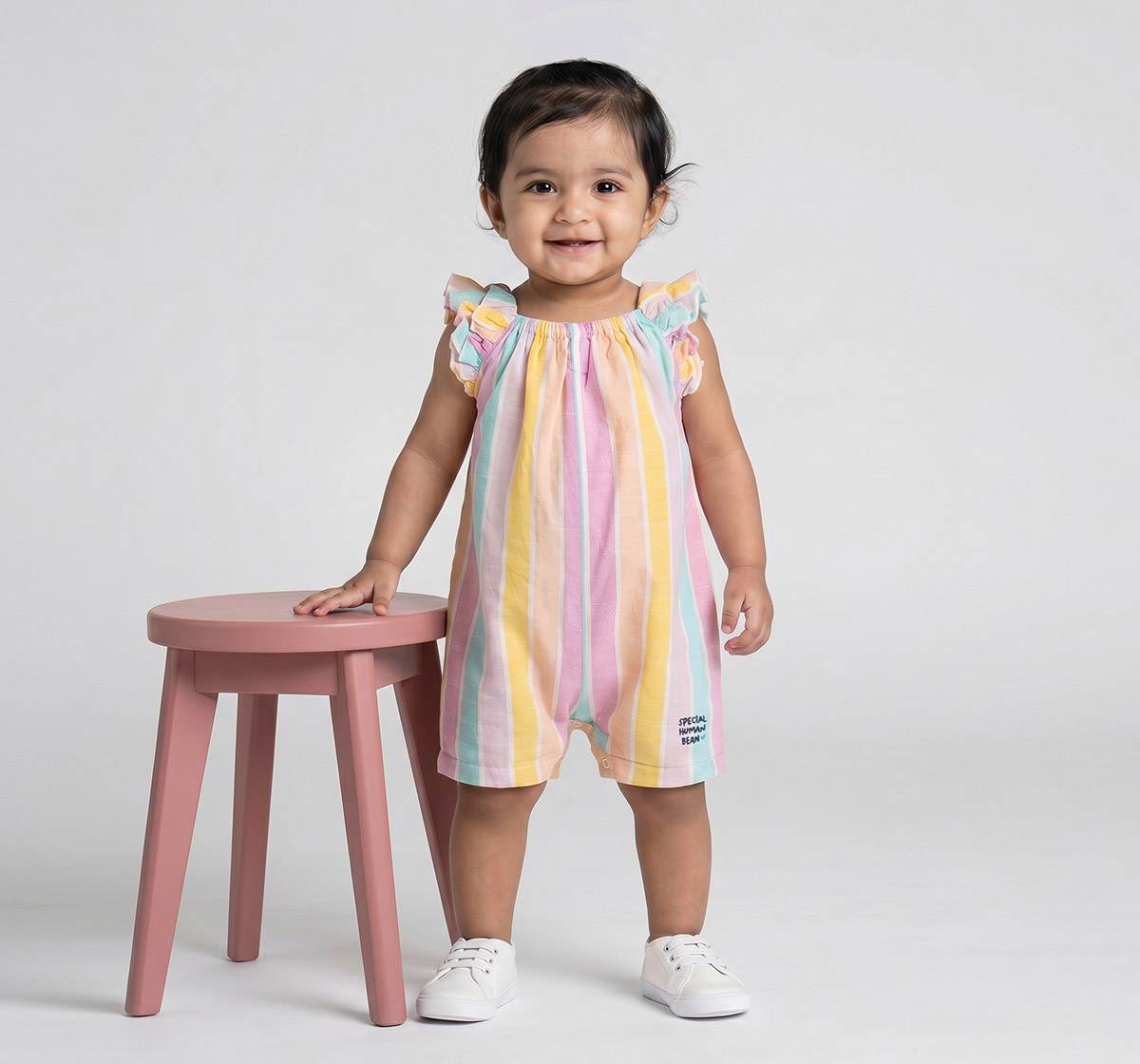 Infant Girls Pastel Striped Ruffle Sleeve Romper
