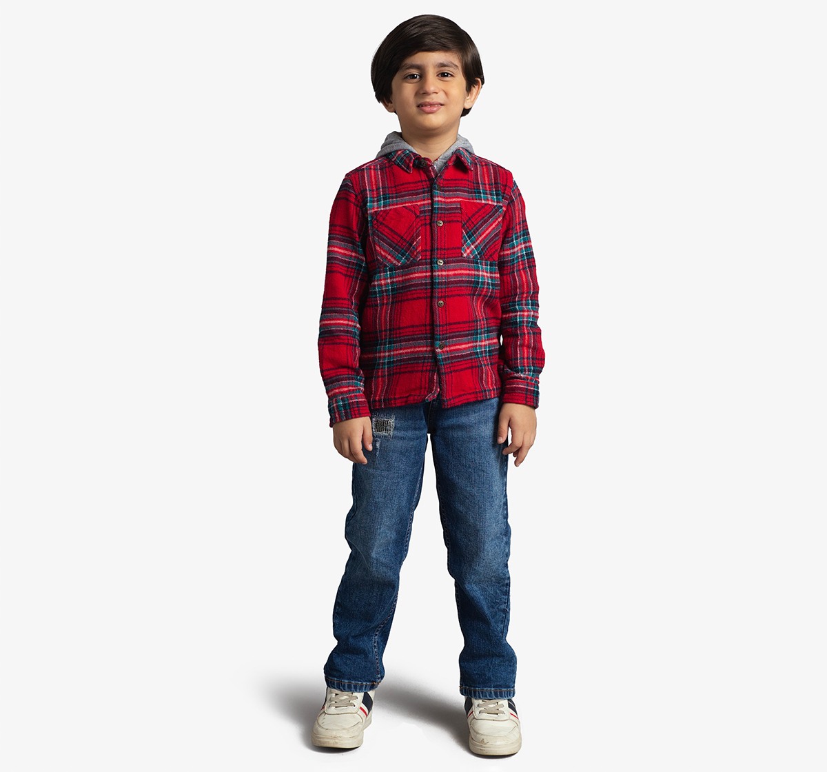 Boys Full Sleeves Checkered Shirt With Hoodie