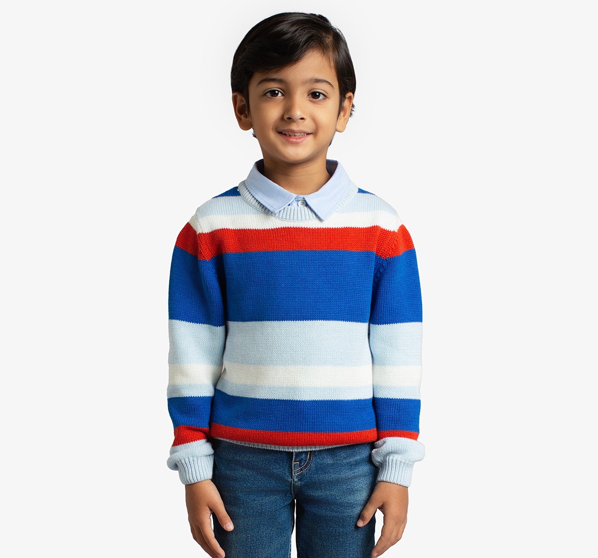 Boys Striper Sweatshirt With Woven Collar
