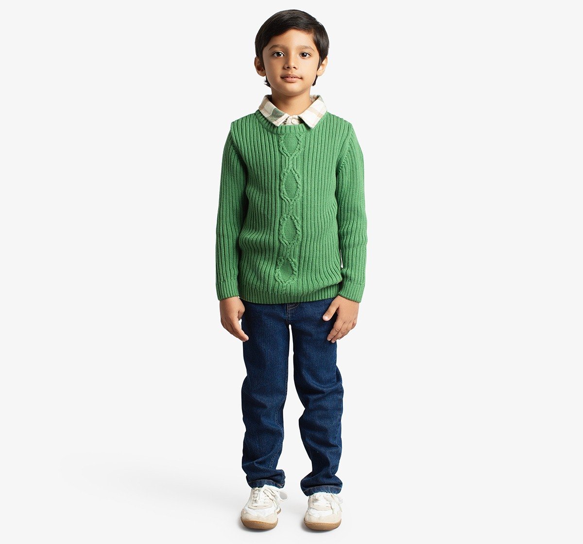 Ed-A-Mamma Boys Cable Knit Sweater With Woven Collar - Green