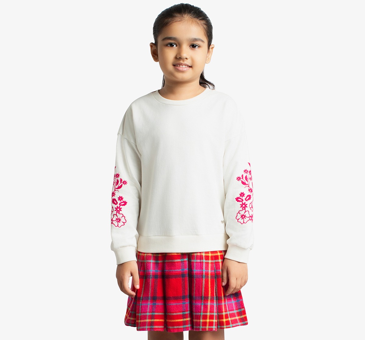 Girls Sweatshirt Dress With Embroidered Sleeves