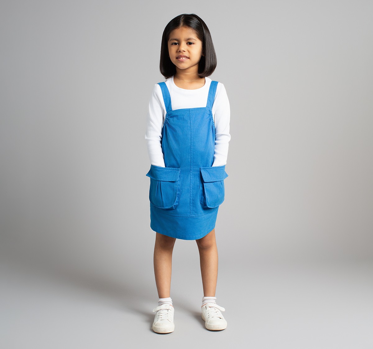 Ed-A-Mamma Girls Cargo Pocket Dungaree Dress With Full Sleeves T-Shirt - White & Blue