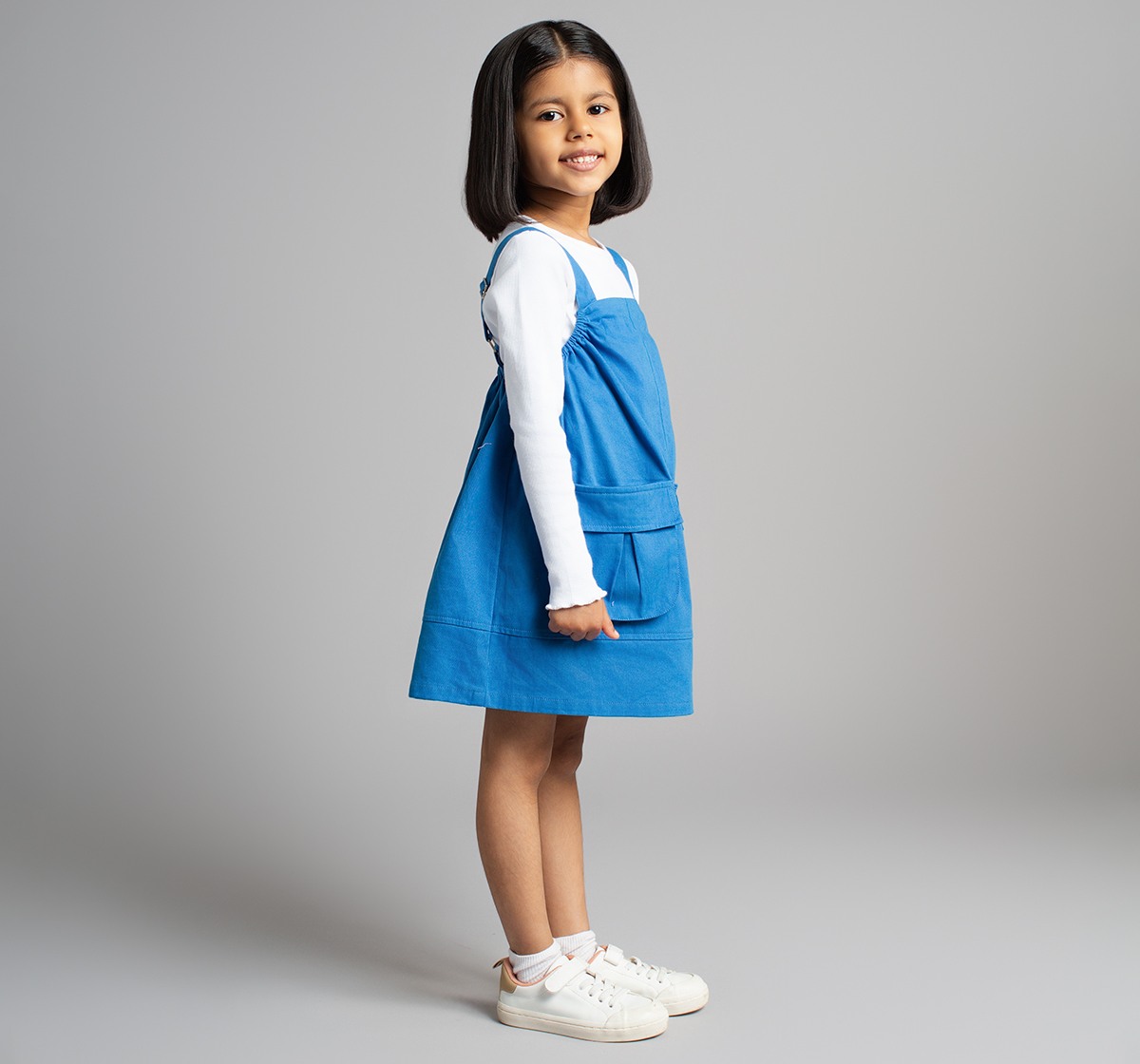 Ed-A-Mamma Girls Cargo Pocket Dungaree Dress With Full Sleeves T-Shirt - White & Blue