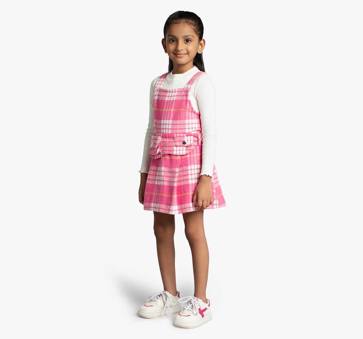 Girls Checkered Dress With Full Sleeves T-Shirt