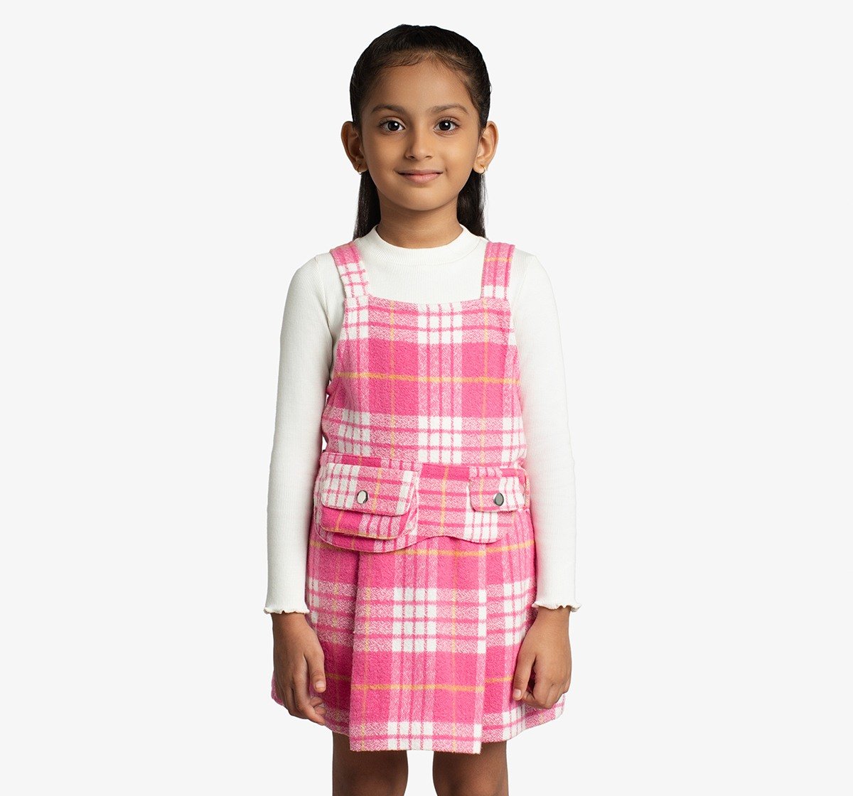 Girls Checkered Dress With Full Sleeves T-Shirt