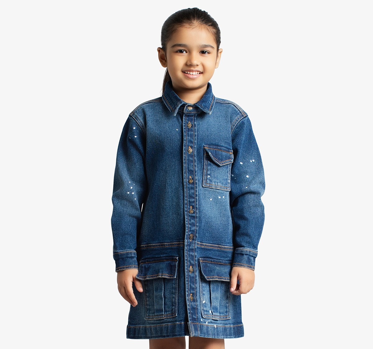 Girls Denim Dress With Cargo Pockets And Splatter Paint