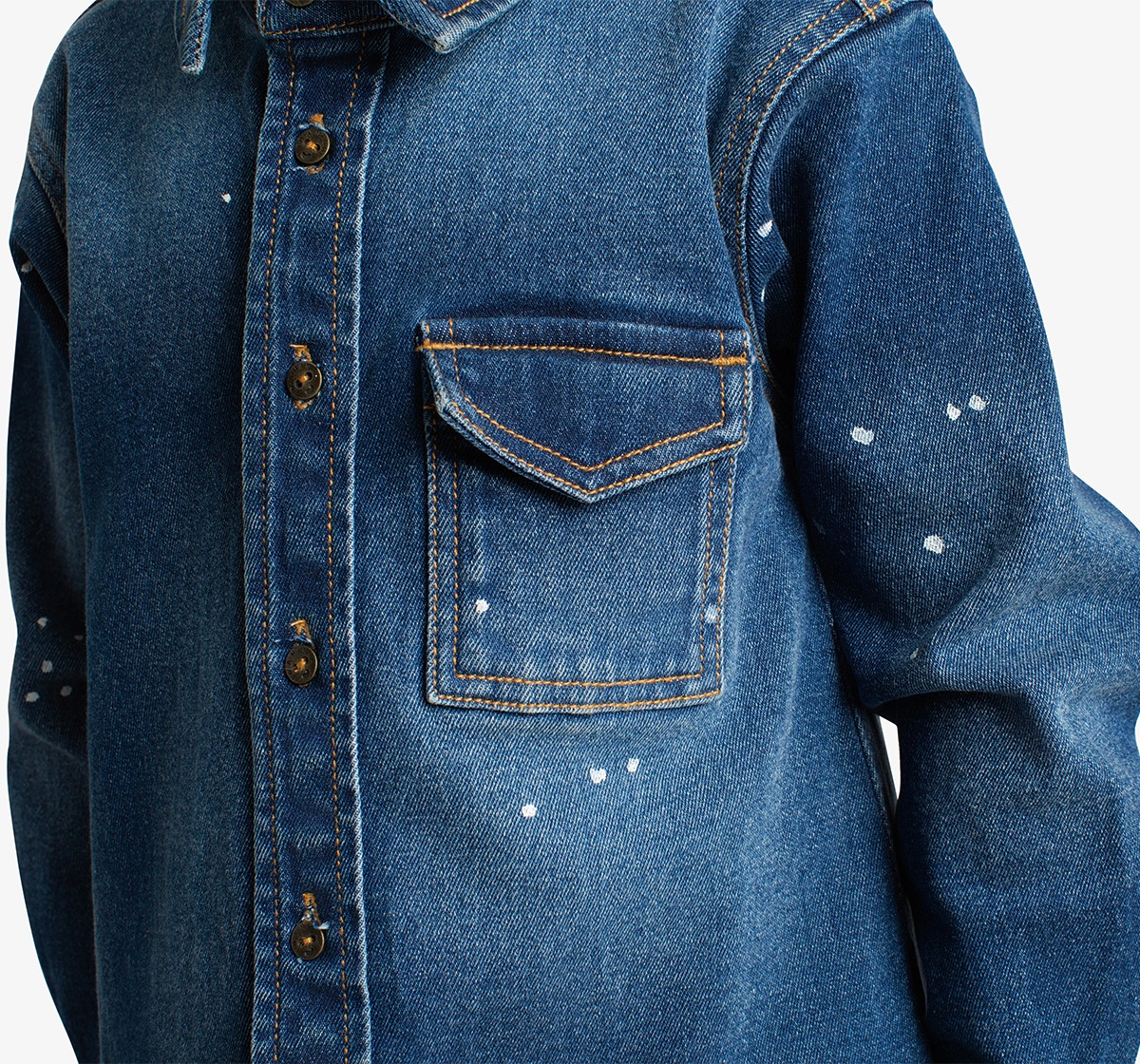 Girls Denim Dress With Cargo Pockets And Splatter Paint