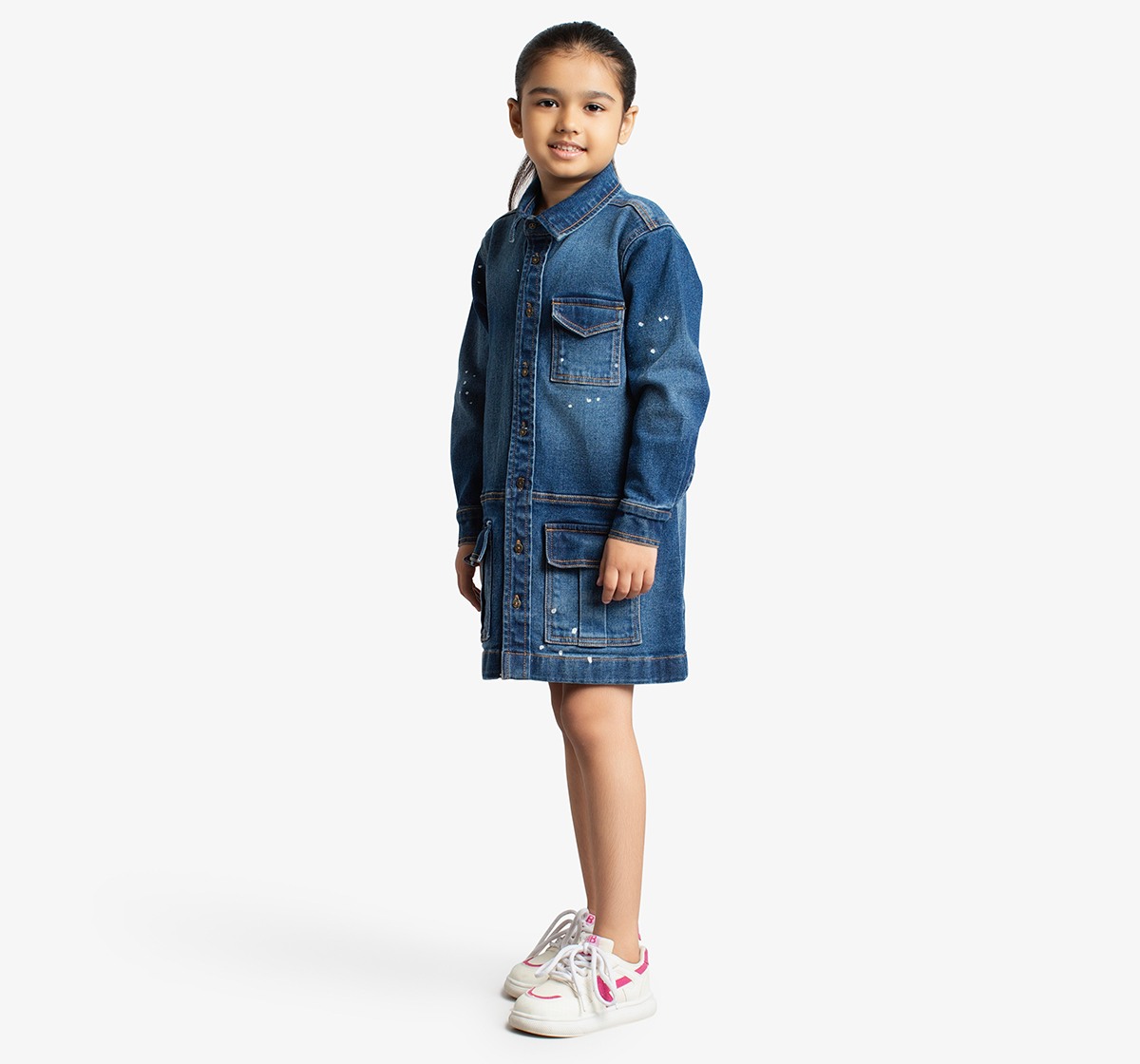 Girls Denim Dress With Cargo Pockets And Splatter Paint