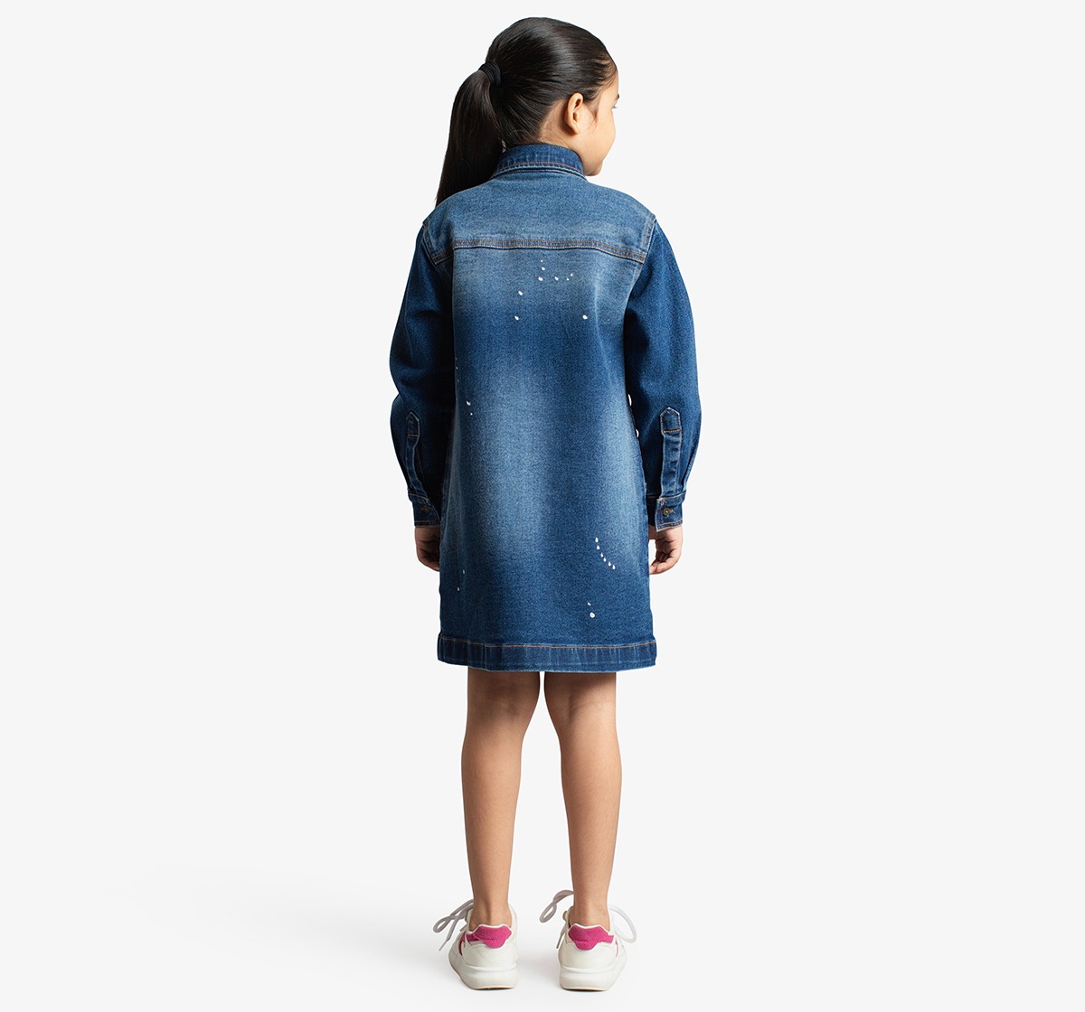 Girls Denim Dress With Cargo Pockets And Splatter Paint