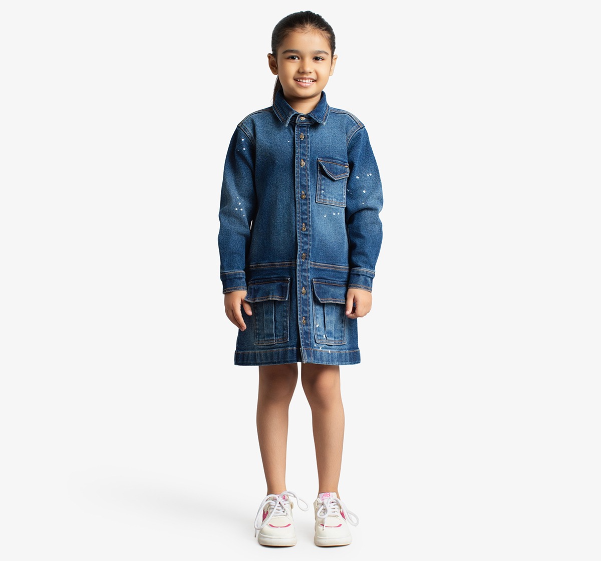 Girls Denim Dress With Cargo Pockets And Splatter Paint