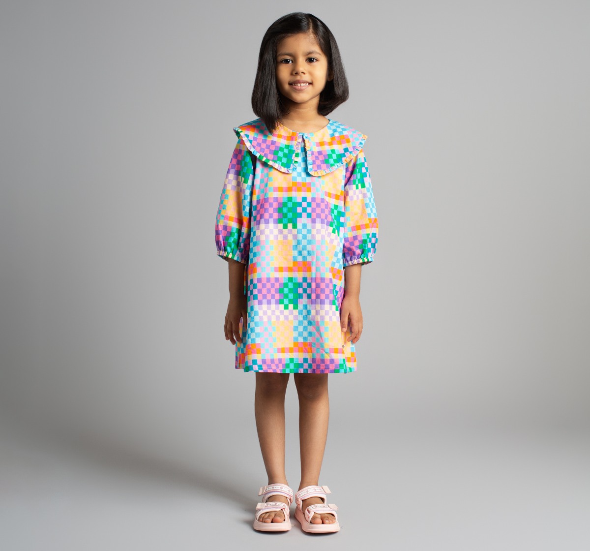 Ed-A-Mamma Girls Printed Dress With Sailor Collar - Multicolor