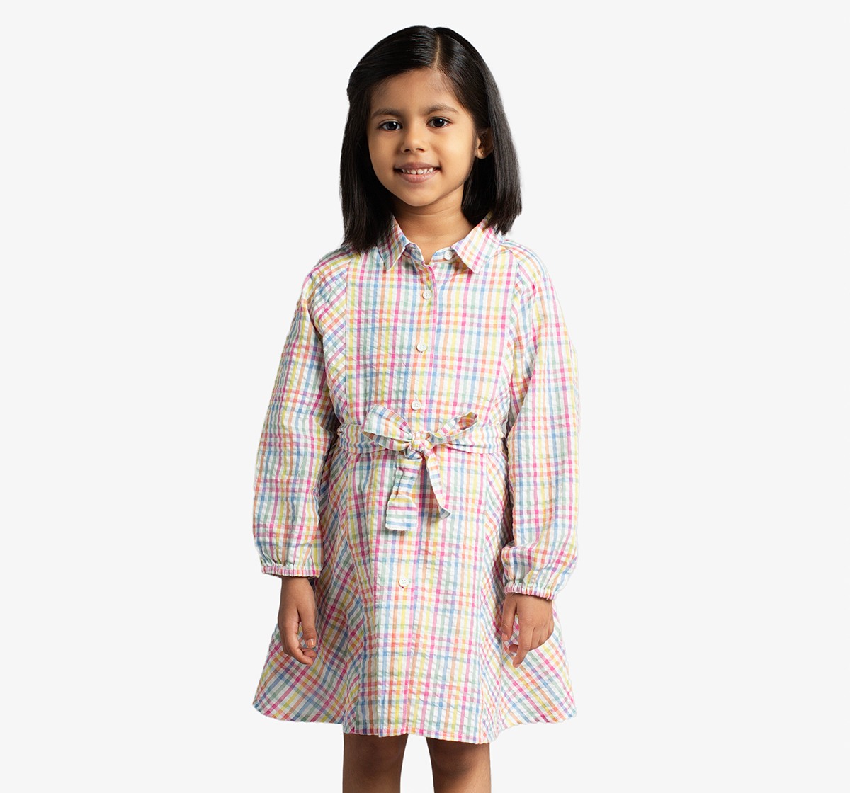 Girls Shirt Dress With Balloon Sleeves & Belt