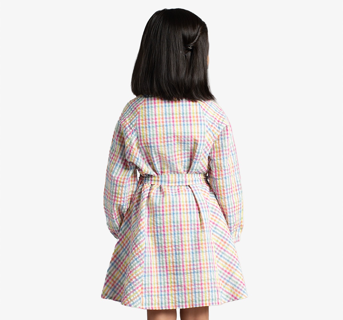 Girls Shirt Dress With Balloon Sleeves & Belt