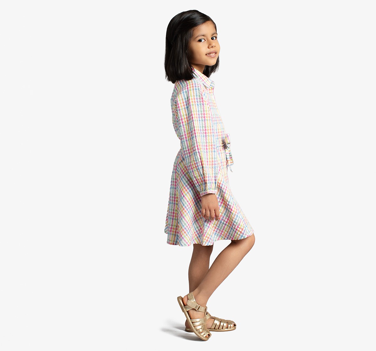 Girls Shirt Dress With Balloon Sleeves & Belt